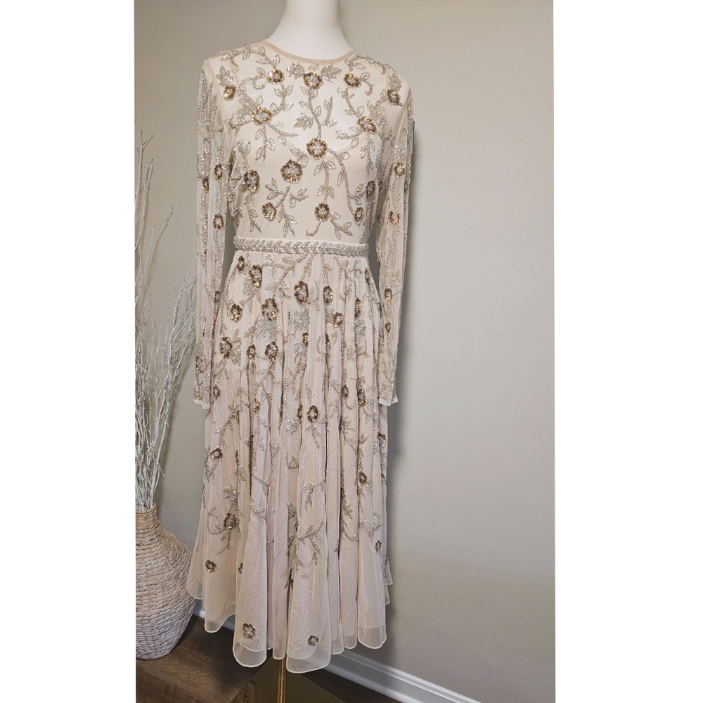 Mac Duggal Nude Floral Beadwork Long Sleeve Midi Evening Gown Dress